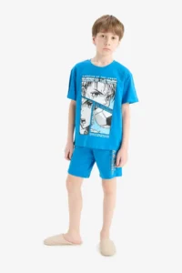 DeFacto 100% Cotton Printed Elastic Waist Pajama Set for Boys