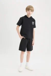 DeFacto Set of 2 Hooded Printed Short Sleeve T-Shirts Elastic Waist Shorts Boy Child