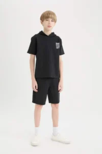 DeFacto Set of 2 Hooded Printed Short Sleeve T-Shirts Elastic Waist Shorts Boy Child - Image 2