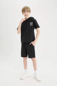 DeFacto Set of 2 Hooded Printed Short Sleeve T-Shirts Elastic Waist Shorts Boy Child - Image 3