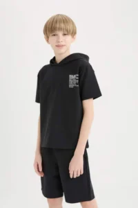 DeFacto Set of 2 Hooded Printed Short Sleeve T-Shirts Elastic Waist Shorts Boy Child - Image 4