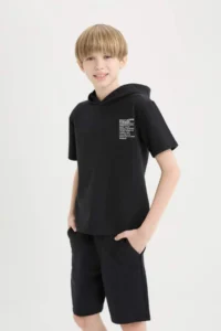 DeFacto Set of 2 Hooded Printed Short Sleeve T-Shirts Elastic Waist Shorts Boy Child - Image 5