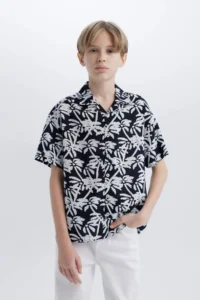 DeFacto Oversize Wide Fit Polo Collar Patterned Short Sleeve Shirt Boy
