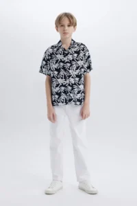 DeFacto Oversize Wide Fit Polo Collar Patterned Short Sleeve Shirt Boy - Image 2