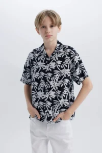 DeFacto Oversize Wide Fit Polo Collar Patterned Short Sleeve Shirt Boy - Image 3