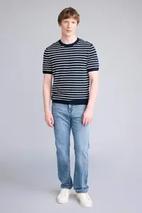 DeFacto Standard Fit Crew Neck Striped Knitwear Short Sleeve T-Shirt - Image 2