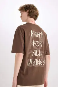 DeFacto 100% Cotton Vikings Valhalla Boxy Fit Crew Neck Back Printed Short Sleeve T-Shirt