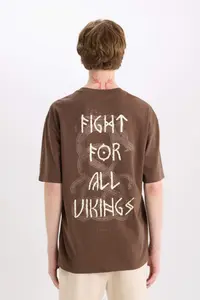 DeFacto 100% Cotton Vikings Valhalla Boxy Fit Crew Neck Back Printed Short Sleeve T-Shirt - Image 8
