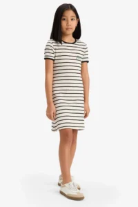 DeFacto Crew Neck Ribbed Camisole Short Sleeve Striped Summer Dress Girls - Image 3