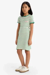 DeFacto Crew Neck Ribbed Camisole Short Sleeve Striped Summer Dress Girls - Image 5
