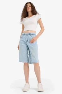 DeFacto 100% Cotton High Waist Jean Bermuda Shorts - Image 3