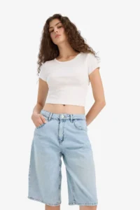 DeFacto 100% Cotton High Waist Jean Bermuda Shorts - Image 6