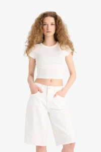 DeFacto 100% Cotton High Waist White Jean Bermuda Shorts - Image 2