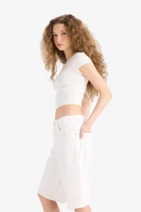 DeFacto 100% Cotton High Waist White Jean Bermuda Shorts - Image 3