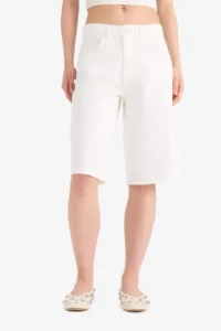 DeFacto 100% Cotton High Waist White Jean Bermuda Shorts - Image 4