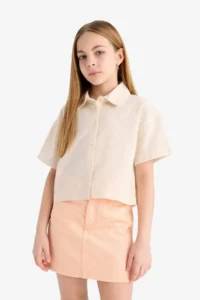 DeFacto Cropped Fit Cotton Back Printed Short Sleeve Shirt Girls - Image 3