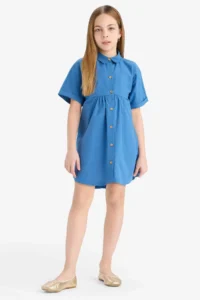 DeFacto Shirt Collar Cotton Short Sleeve Summer Dress Girls