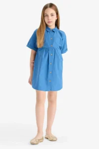DeFacto Shirt Collar Cotton Short Sleeve Summer Dress Girls - Image 2
