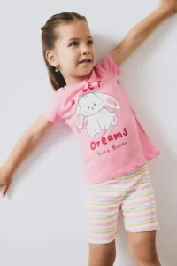 DeFacto Pajama Set Printed Short Sleeve Ribbed Camisole Top Elastic Waist Striped Shorts Baby Girl