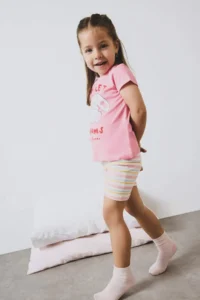 DeFacto Pajama Set Printed Short Sleeve Ribbed Camisole Top Elastic Waist Striped Shorts Baby Girl - Image 2