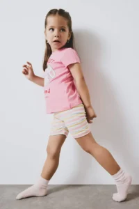 DeFacto Pajama Set Printed Short Sleeve Ribbed Camisole Top Elastic Waist Striped Shorts Baby Girl - Image 3
