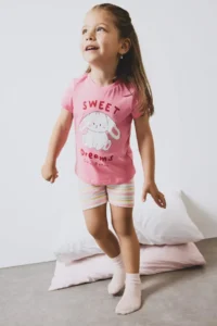 DeFacto Pajama Set Printed Short Sleeve Ribbed Camisole Top Elastic Waist Striped Shorts Baby Girl - Image 4