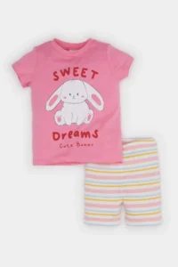 DeFacto Pajama Set Printed Short Sleeve Ribbed Camisole Top Elastic Waist Striped Shorts Baby Girl - Image 5