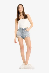 DeFacto 100% Cotton High Waist Cutaway Jean Shorts - Image 2