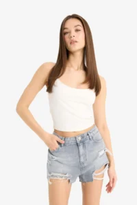 DeFacto 100% Cotton High Waist Cutaway Jean Shorts - Image 3