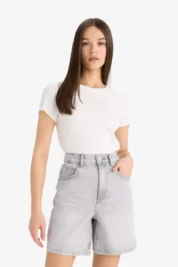 DeFacto 100% Cotton High Waist Pocket Jean Bermuda Shorts - Image 3