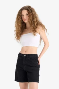 DeFacto 100% Cotton High Waist Jean Bermuda Shorts - Image 2