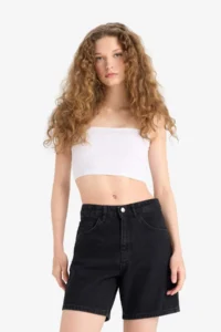 DeFacto 100% Cotton High Waist Jean Bermuda Shorts - Image 3