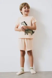 DeFacto 100% Cotton Dinosaur Printed Elastic Waist Pajama Set for Baby Boy - Image 2