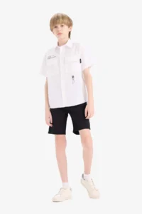DeFacto Oversize Wide Fit Polo Collar Printed Poplin Short Sleeve Shirt Boy - Image 2