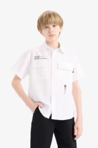 DeFacto Oversize Wide Fit Polo Collar Printed Poplin Short Sleeve Shirt Boy - Image 3