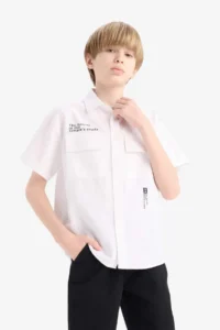 DeFacto Oversize Wide Fit Polo Collar Printed Poplin Short Sleeve Shirt Boy - Image 4