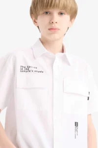 DeFacto Oversize Wide Fit Polo Collar Printed Poplin Short Sleeve Shirt Boy - Image 6