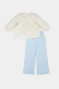 DeFacto Set of 2 Floral Muslin Long Sleeve Blouse with Elastic Waist Wide Leg Trousers for Baby Girl