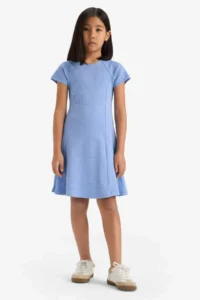 DeFacto Crew Neck A-Line Basic Straight Ribbed Camisole Short Sleeve Summer Dress Girl Child