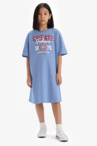 DeFacto Oversize Wide Fit Crew Neck Printed Short Sleeve Summer Dress Girl Child