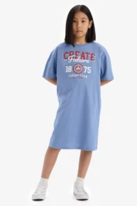 DeFacto Oversize Wide Fit Crew Neck Printed Short Sleeve Summer Dress Girl Child - Image 2
