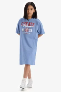 DeFacto Oversize Wide Fit Crew Neck Printed Short Sleeve Summer Dress Girl Child - Image 3
