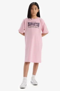 DeFacto Oversize Wide Fit Crew Neck Printed Short Sleeve Summer Dress Girl Child