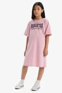 DeFacto Oversize Wide Fit Crew Neck Printed Short Sleeve Summer Dress Girl Child - Image 2