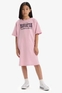 DeFacto Oversize Wide Fit Crew Neck Printed Short Sleeve Summer Dress Girl Child - Image 3