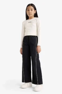 DeFacto Wide Leg Flexible Banded Parachute Black Girls' Trousers E6186A8/BK27 - Image 4