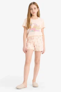 DeFacto Girl's Pajama Set Printed Short Sleeve Top Patterned Shorts - Image 2