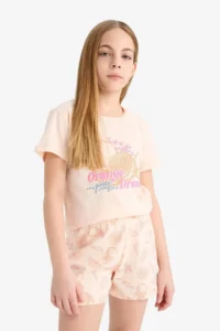 DeFacto Girl's Pajama Set Printed Short Sleeve Top Patterned Shorts - Image 4