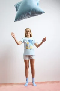 DeFacto Pajama Set Printed Short Sleeve Top with Elastic Waist Short Shorts Girl Child