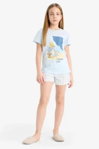 DeFacto Pajama Set Printed Short Sleeve Top with Elastic Waist Short Shorts Girl Child - Image 3